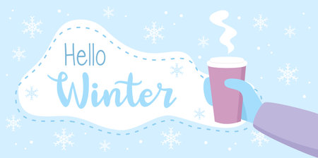 Hand in glove holding paper cup of hot drink and text Hello Winter with snowflakes on blue background. Flat vector illustrationのイラスト素材