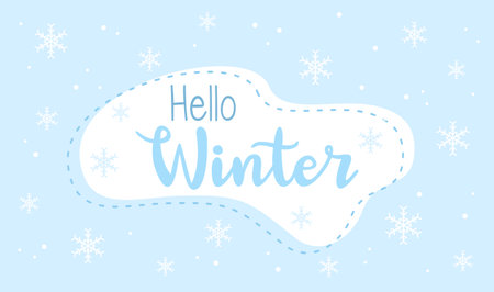 Hello Winter text with snowflakes on a blue background. Flat vector illustrationのイラスト素材