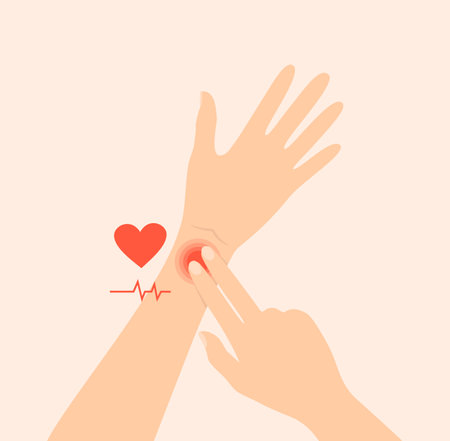 Measurement of the pulse. Flat vector illustration of two hands, heart and cardiogramのイラスト素材