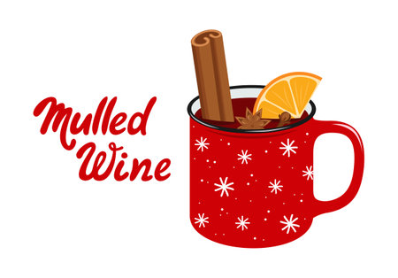 Mulled wine with cinnamon, orange, anise and cloves in a red cup. Hot winter drink. Flat vector illustrationのイラスト素材