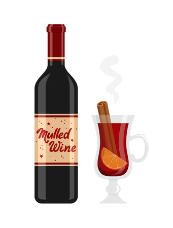 Bottle of mulled wine and glass of hot prepared mulled wine with orange and cinnamon stick isolated on white background. Flat vector illustrationのイラスト素材