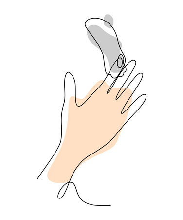 A cat's paw on an open human palm. Vector illustration in line art styleのイラスト素材