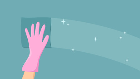 Hand in a pink rubber glove with a sponge cleaning a blue turquoise surface. Flat vector illustrationのイラスト素材