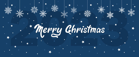 Christmas greeting card with text and snowflakes on a dark blue background. Flat vector illustrationのイラスト素材