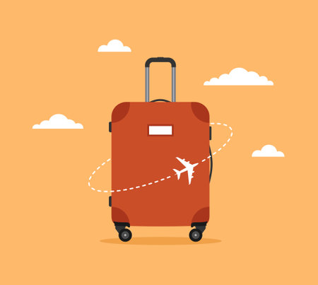 Luggage with airplane flying around and clouds on orange background. Travel concept. Flat vector illustrationのイラスト素材