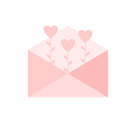 Pink envelope with hearts on stems inside on a white background. Happy Valentines day, love letter concept. Flat vector illustrationのイラスト素材
