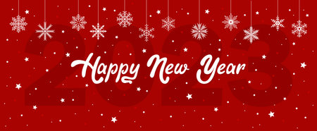 Happy New Year greeting banner with white text and snowflakes on a red background. Flat vector...