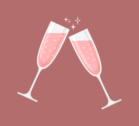 Two glasses of rose sparkling wine or champagne on a pale red background. Vector illustration in flat styleのイラスト素材