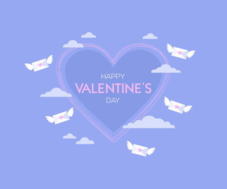 Happy Valentine's Day greeting card. Heart, flying winged envelopes and clouds on a purple background. Flat vector illustrationのイラスト素材
