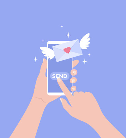Hands holding mobile phone with flying winged envelope on purple background. Sending a love letter or message. Vector illustration in flat styleのイラスト素材