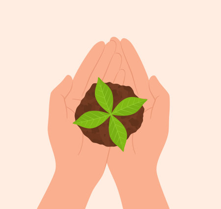 Hands holding in a palms a seedling in the soil, top view. Flat vector illustrationのイラスト素材