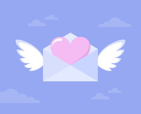 Flying envelope with pink heart inside and wings on a purple cloudy background. Vector illustration in flat styleのイラスト素材
