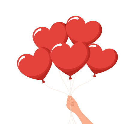 Hand holding red heart balloons isolated on a white background. Flat vector illustrationのイラスト素材