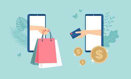 One female hand with packages and the other holding a credit card with gold coins around coming out of smartphone screens. Online shopping concept. Vector illustration in flat styleのイラスト素材