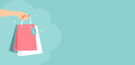 Female hand holding shopping bags on a green background with copy space. Vector illustration in flat style
のイラスト素材