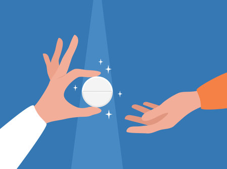 The doctor giving big glowing pill under light to the patient. Vector illustration in flat styleのイラスト素材