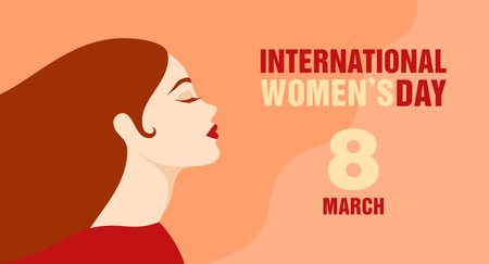 Profile portrait of a beautiful woman with long hair and closed eyes. International Women's Day greeting card. Vector illustration in flat styleのイラスト素材