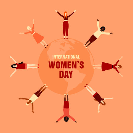 Women of different nationalities with raised hands standing on a globe of planet Earth. International Women's Day. The concept of the movement for women's rights. Vector illustration in flat styleのイラスト素材
