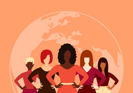 Women of different ethnic groups standing together on the background of the Earth globe. Vector illustration in flat styleのイラスト素材