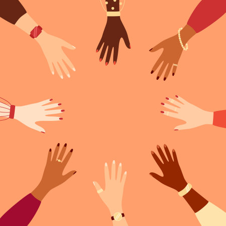Outstretched hands of women of different ethnicities make a circle. Vector illustration in flat...