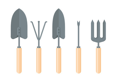 A set of hand garden tools. Weeder, rake, spades and fork isolated on a white background. Vector illustration in flat styleのイラスト素材