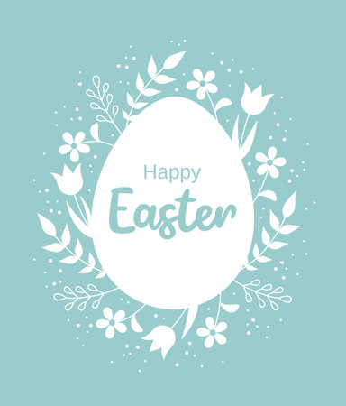 Easter greeting card. A white egg with typography inside and a frame of flowers and leaves around it on a pastel green background. Flat vector illustrationのイラスト素材
