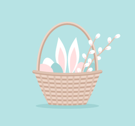 Easter basket with eggs, rabbit ears and branches of willow blossom. Vector illustration in flat styleのイラスト素材