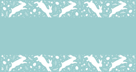 Frame of Easter rabbits, eggs, flowers and leaves on a pastel green background with copy space. Flat vector illustrationのイラスト素材