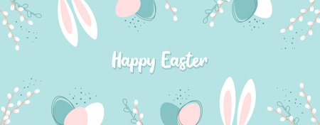 Easter banner with typography and a frame of Easter eggs, rabbit ears and willow blossom branches in pastel colors. Vector illustration in flat styleのイラスト素材