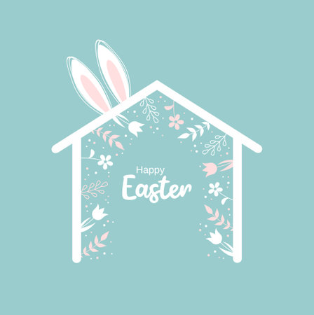 Easter greeting card. House with floral frame and typography inside and bunny ears on top in pastel colors. Flat vector illustrationのイラスト素材