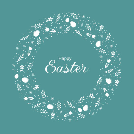 Easter greeting card. Round frame with Easter eggs, flowers, leaves and typography inside. Vector illustration in flat styleのイラスト素材
