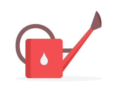 Red plastic watering can or pot with a brown handle isolated on white background. Garden tool for watering plants. Vector illustration in flat styleのイラスト素材