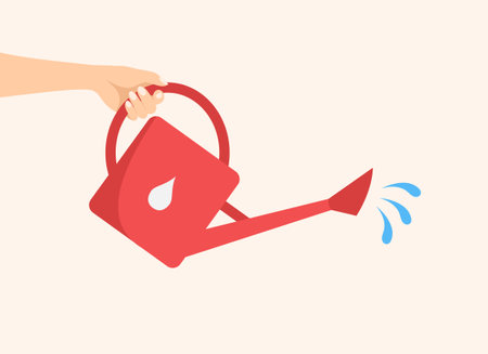 Female hand holding red plastic watering can or pot. Garden tool for watering plants. Vector illustration in flat styleのイラスト素材