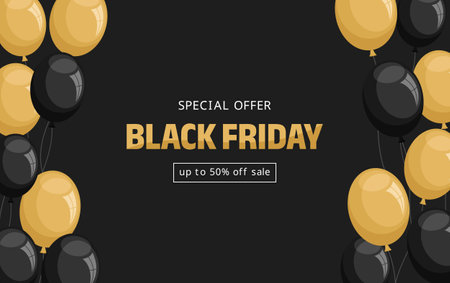 Black friday sale banner. Frame of black and gold balloons on a black background with typography. Flat vector illustrationのイラスト素材