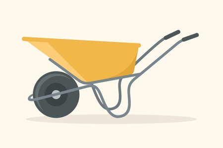 Yellow garden wheelbarrow with gray handles, side view. Flat vector illustrationのイラスト素材