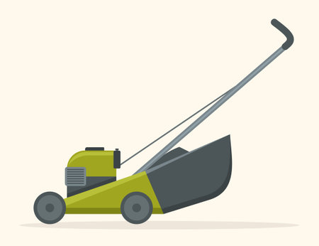 Green and gray lawn mower, side view. Gardening grass cutter. Vector illustration in flat styleのイラスト素材