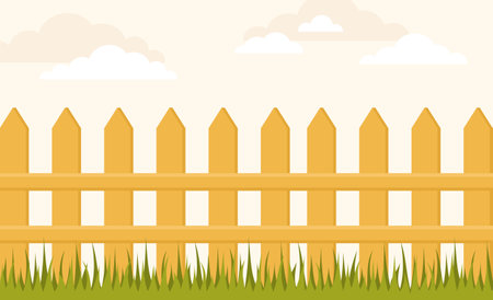 Yellow wooden fence with green grass on a beige background with clouds. Flat vector illustrationのイラスト素材