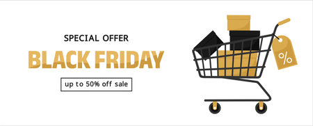Black friday special offer banner. Shopping cart with gold and black boxes, discount tag and typography on a white background. Flat vector illustrationのイラスト素材