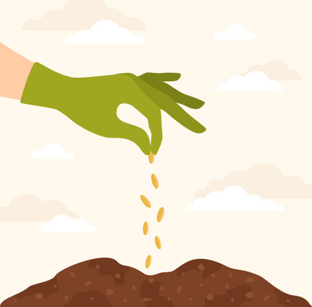 A hand in a rubber glove pouring seeds into a hole in the soil.  Flat vector illustrationのイラスト素材