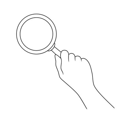 A hand holding a magnifying glass. Vector illustration in line art styleのイラスト素材