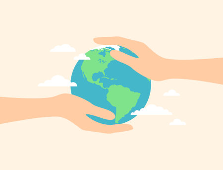 Hands holding planet Earth on a beige background. Flat vector illustrationのイラスト素材