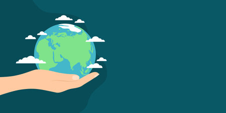 Hand holding planet Earth with clouds around on dark blue background with copy space. Vector illustration in flat styleのイラスト素材