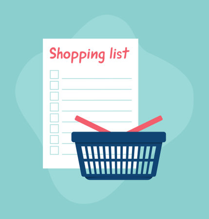 Big shopping list and blue plastic shopping basket on a turquoise background. Flat vector illustrationのイラスト素材