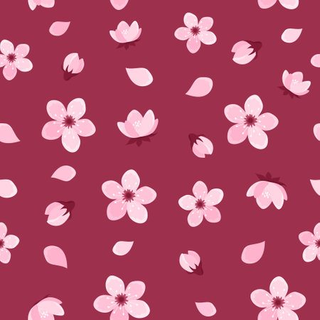 Pink cherry tree flowers seamless pattern on dark pink background. Sakura blossom pattern. Vector...