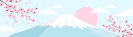 Landscape with pink cherry blossom, a mountain with a snowy peak and the sun. Banner with sakura branches and Mount Fuji. Vector illustration in flat styleのイラスト素材