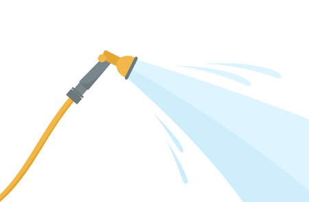 A yellow watering hose with a stream of water isolated on a white background. Flat vector illustrationのイラスト素材