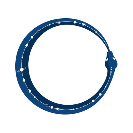 Ouroboros, a serpent with a cosmic pattern on its back, coiled in a ring, biting its tail, isolated on a white background. A symbol of infinity and endless rebirth. Flat vector illustrationのイラスト素材