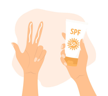 One hand with cream on the fingers and the other holding a tube of sunscreen. Hands showing how to use sunscreen for the face. Vector illustration in flat styleのイラスト素材