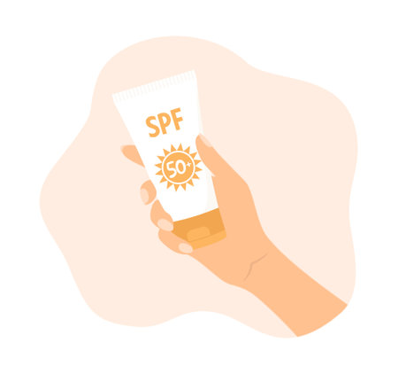 Hand holding a tube of sunscreen. Vector flat illustrationのイラスト素材