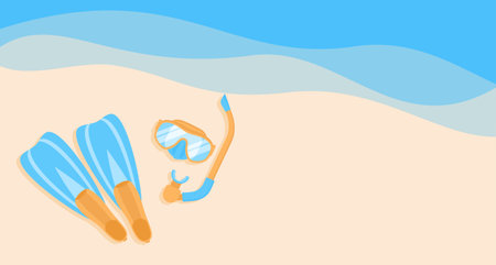 Diving flippers and mask with snorkel on sand near sea waves, top view. Flat vector illustrationのイラスト素材